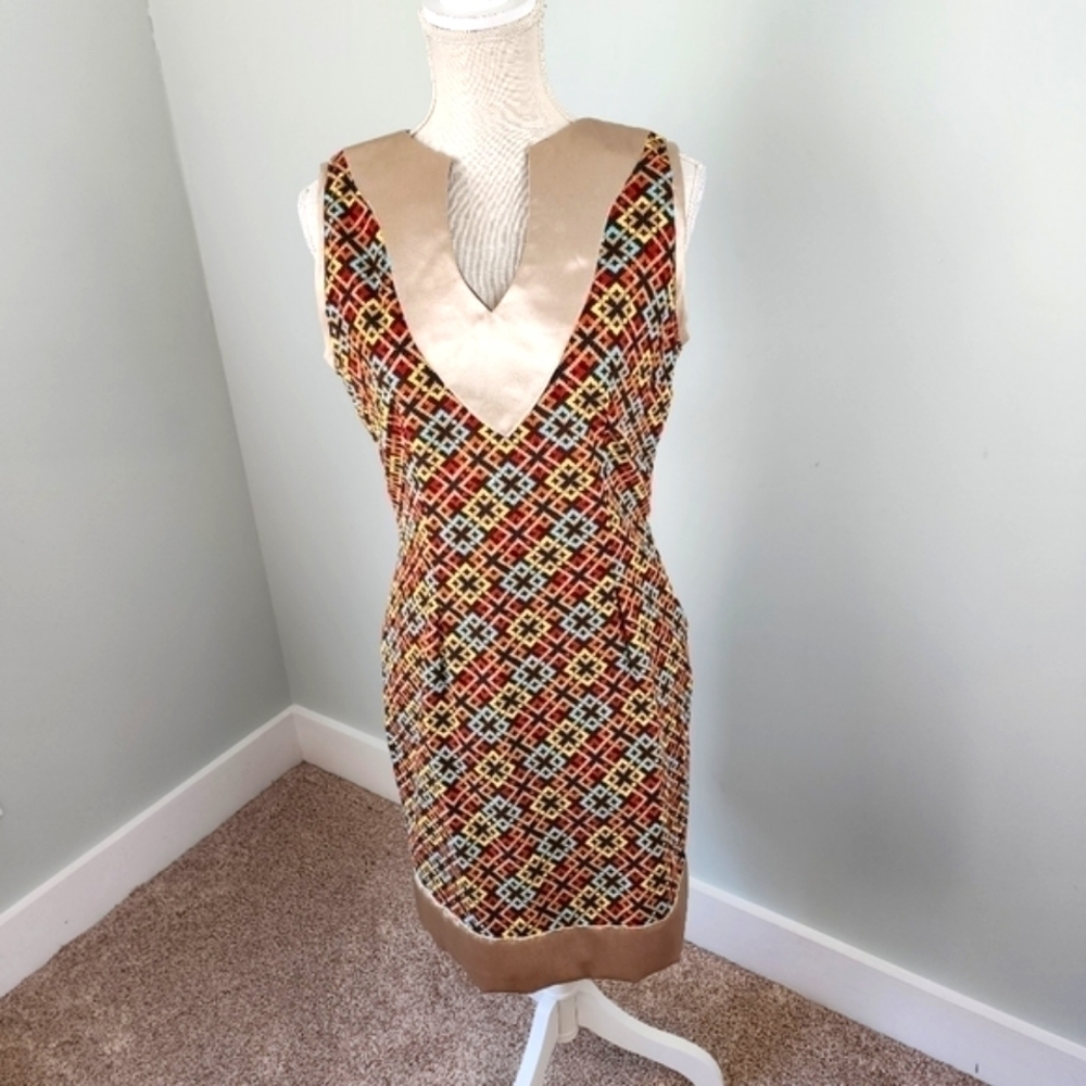 Vintage Bethy Crorother Women’s V neck Zip Back Abstract  Lined Dress Size 6